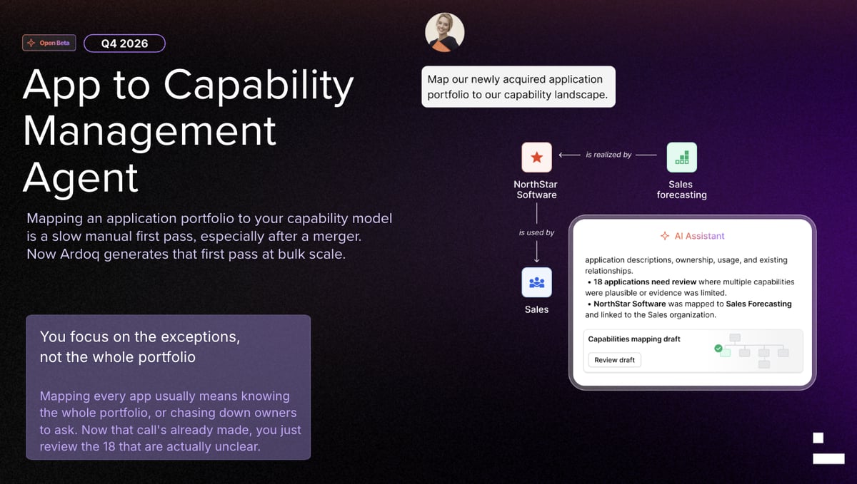 Ardoq's App to Capability Management Agent flagging 18 applications for manual review