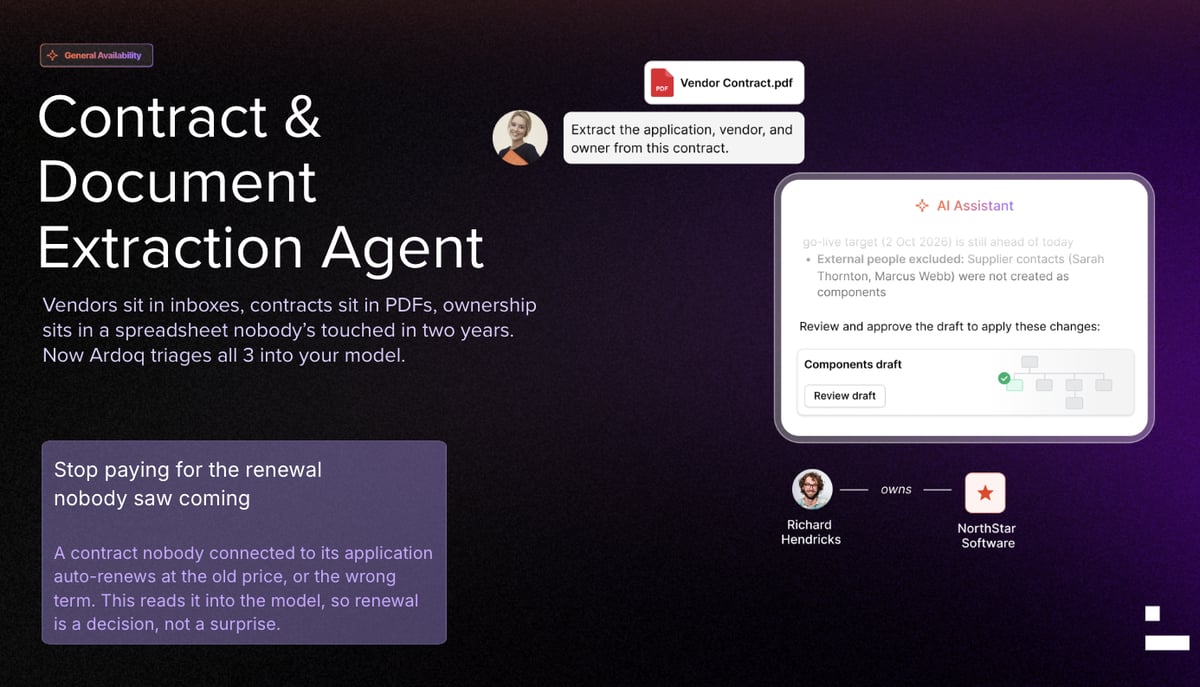 Ardoq's Contract and Document Extraction Agent extracting owner and vendor from a contract