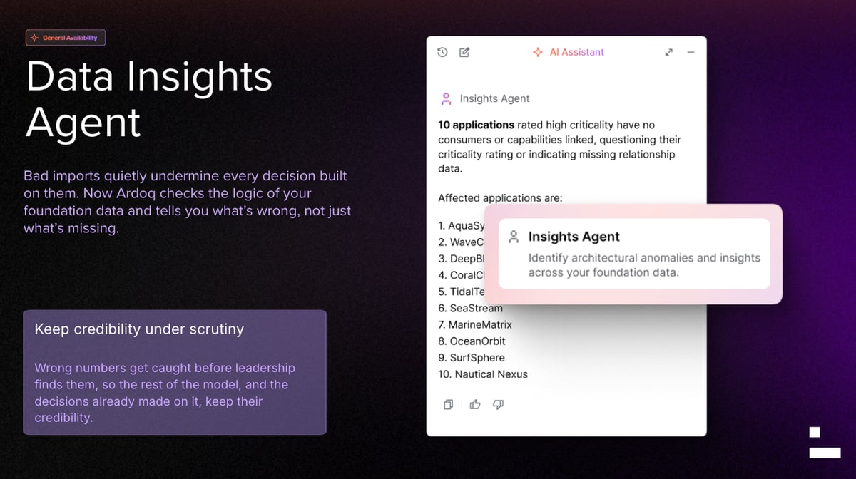 Ardoq's Data Insights Agent flagging 10 applications with missing capability links