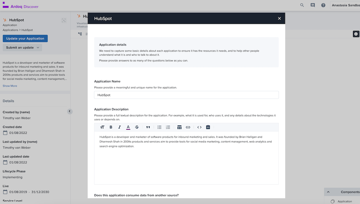 ardoq discover update details about existing applications