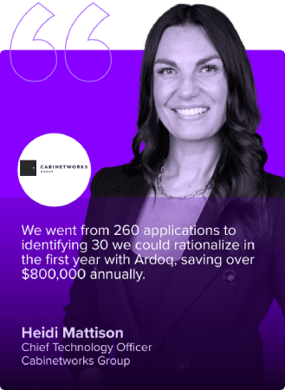 We went from 260 applications to identifying 30 we could rationalize in the first year with Ardoq, saving over $800,000 annually - Heidi Mattison - CTO - Cabinetworks Group